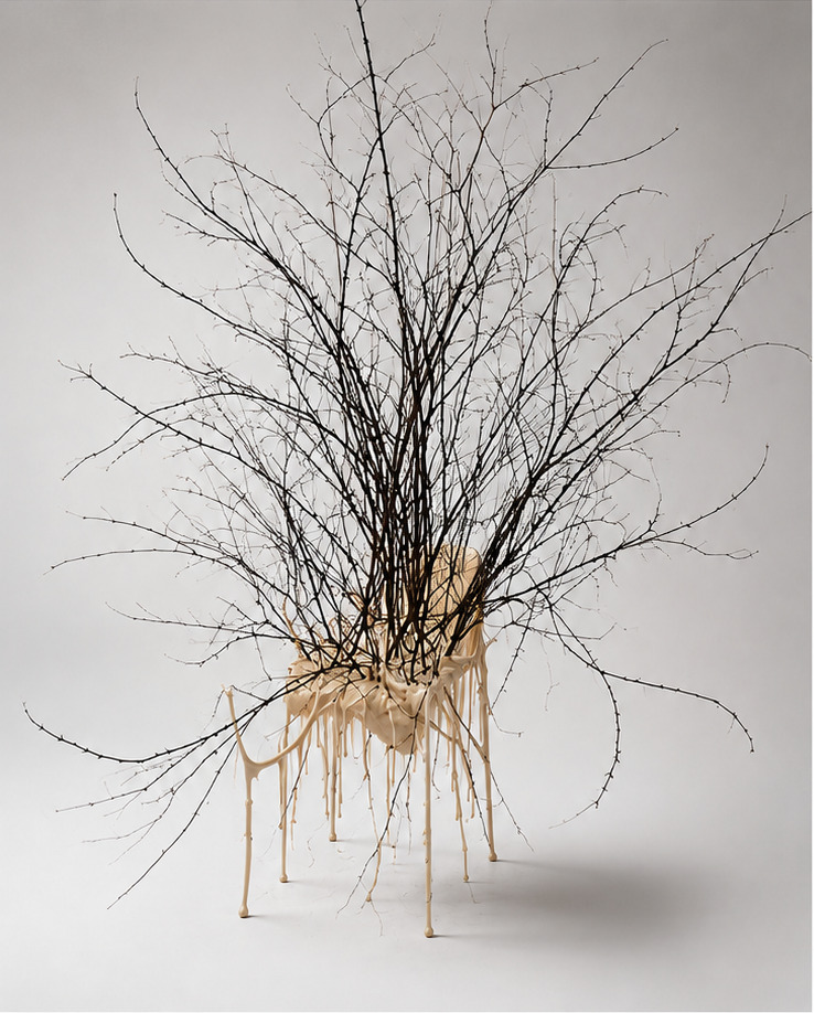 Before Words, a chair coated in pale material and filled with an expansive mass of natural branches