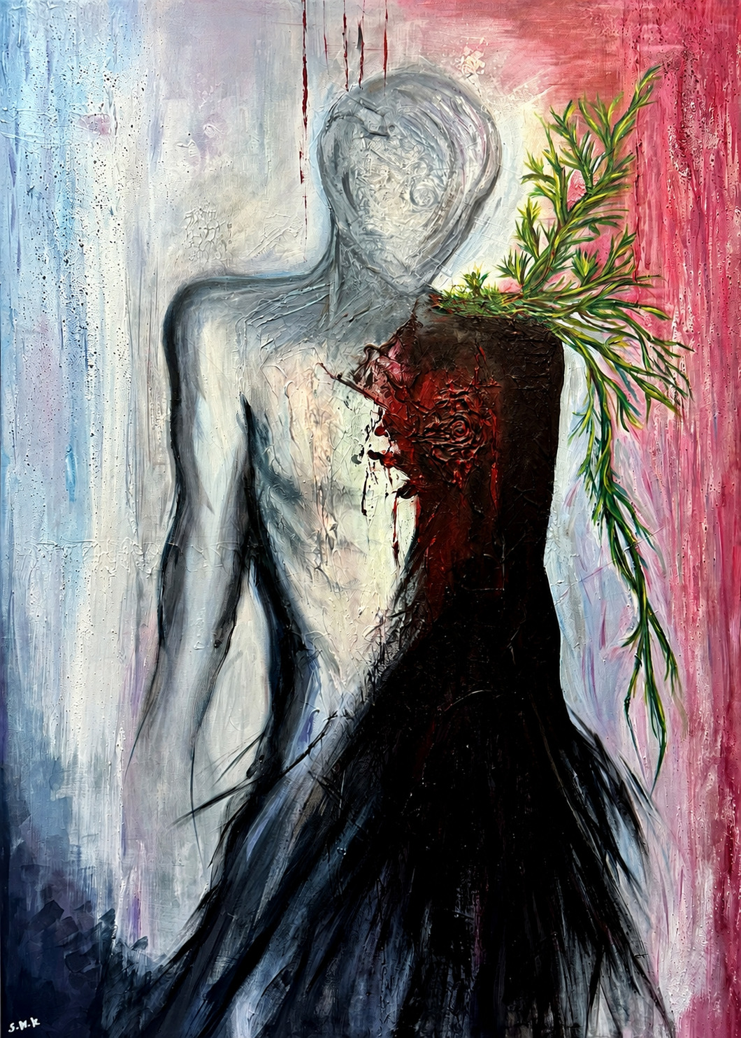 No Matter How, a figurative painting with a wounded body and emerging branch
