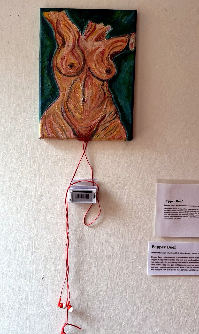 Pepper Beef, a mixed-media painting of a female torso with attached headphones