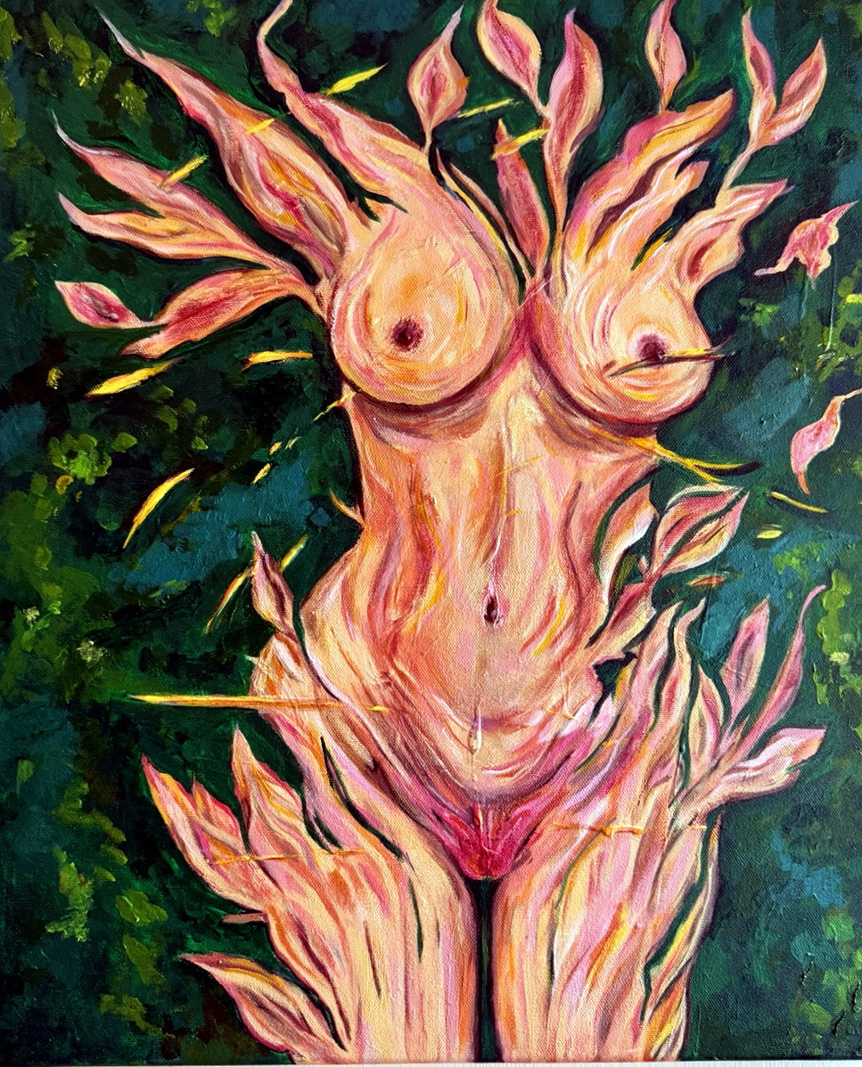Progesterone Bloom, a floral female body painting in pink and green