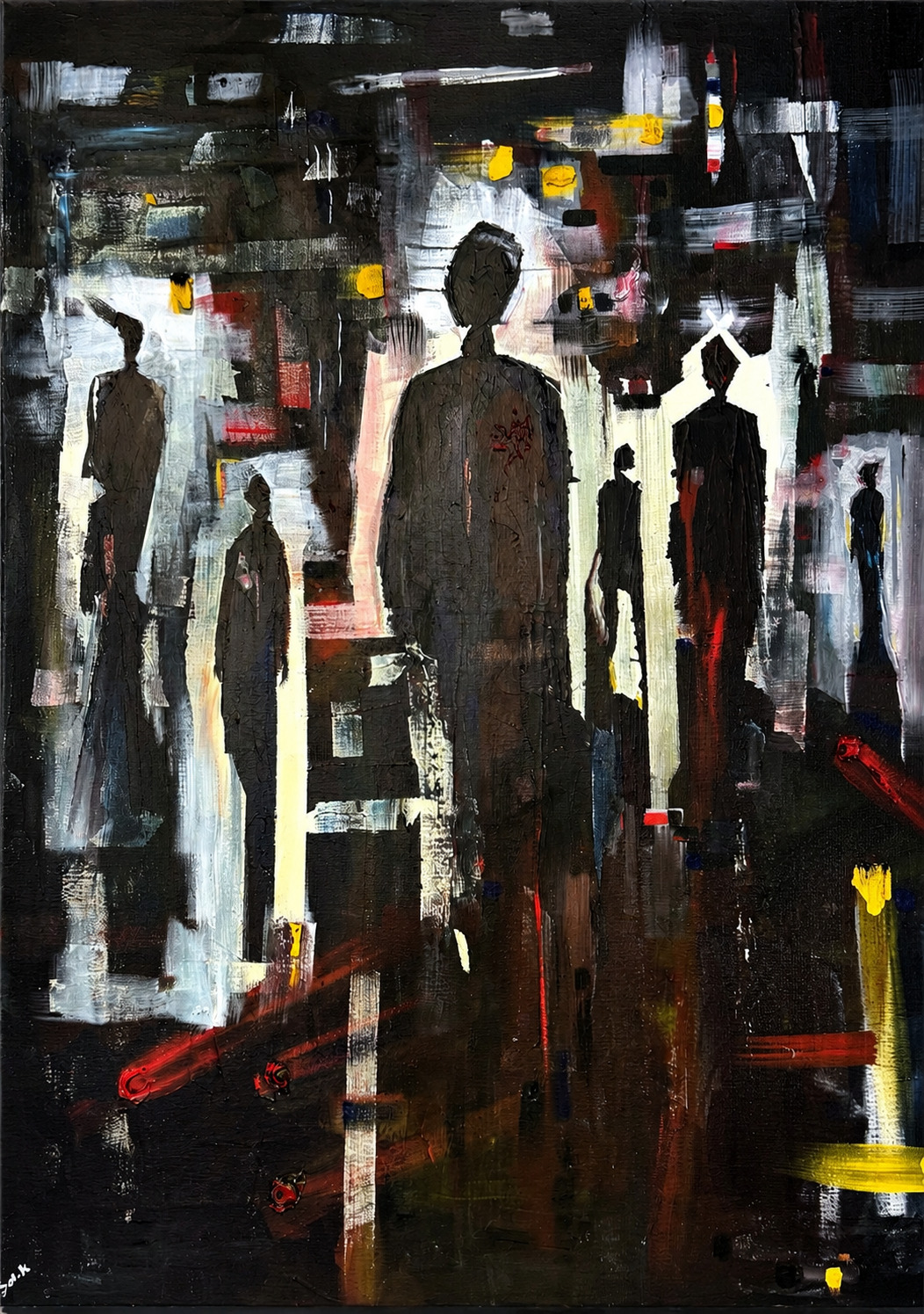 The City, a dark urban painting with shadowed figures and road-like marks