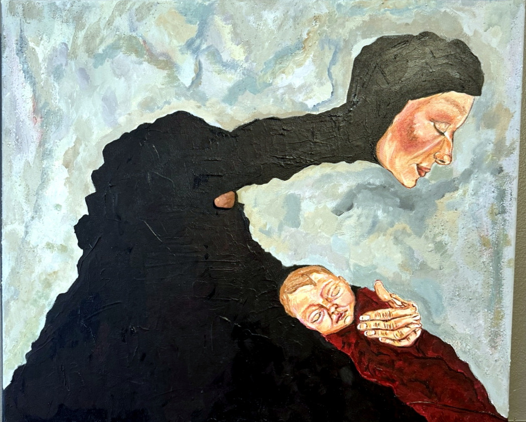 The Mother, a black-clad mother bending protectively over a child in red