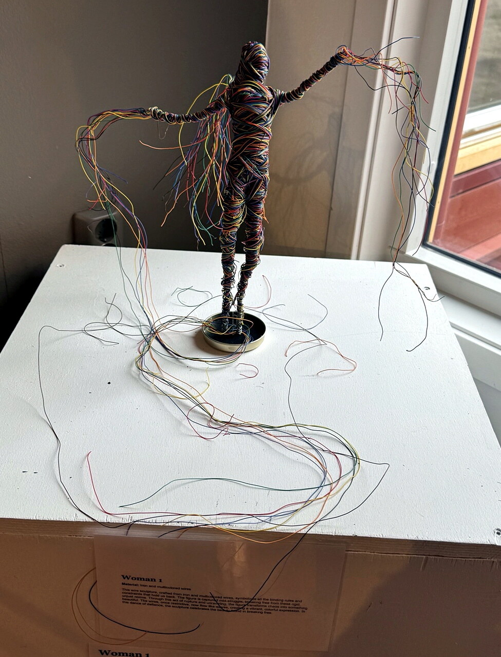 Woman 1, a female figure sculpture constructed from iron and multicolored wires
